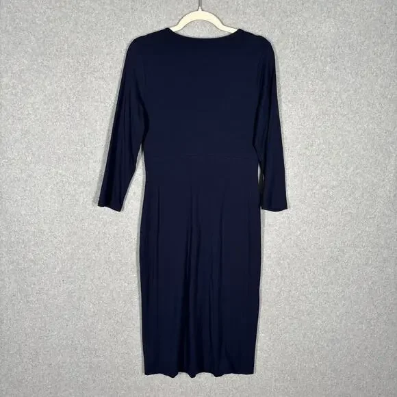 Talbots Dress Small Midi Navy Wrap Twist Ruched Modest Stretch Career Church